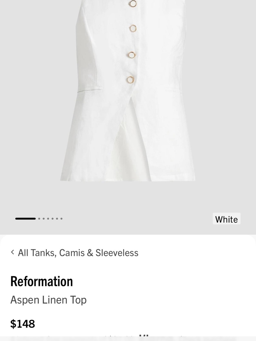 Sleeveless V-Neck Button Front Vest - White - REFORMATION SIZE 8
